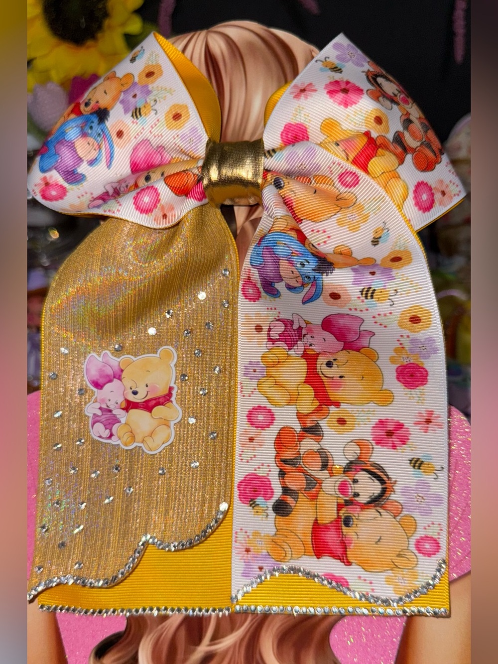 Handmade Bow Gold & White Winnie the Pooh Kids Hair Bow